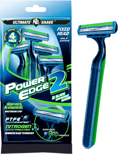 Power Edge 2 blade disposable razor package and razor-fixed head