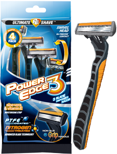 Power Edge 3 blade disposable razor package and razor